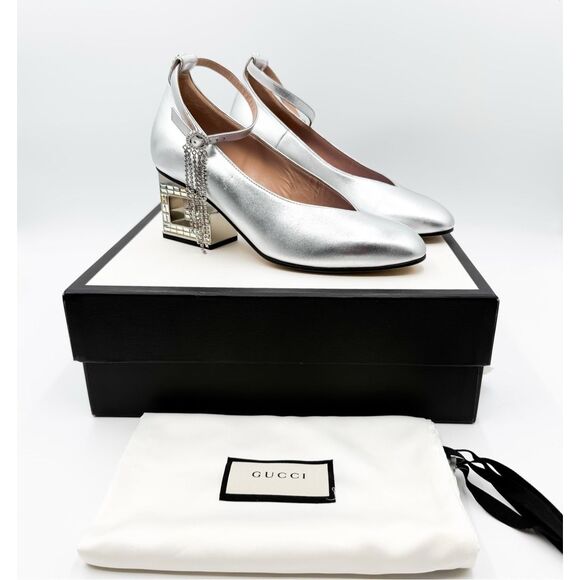 Gucci GG Crystal Metallic Silver Leather Mary Jane Pumps Heels EU 38 US 8 - Picture 1 of 13